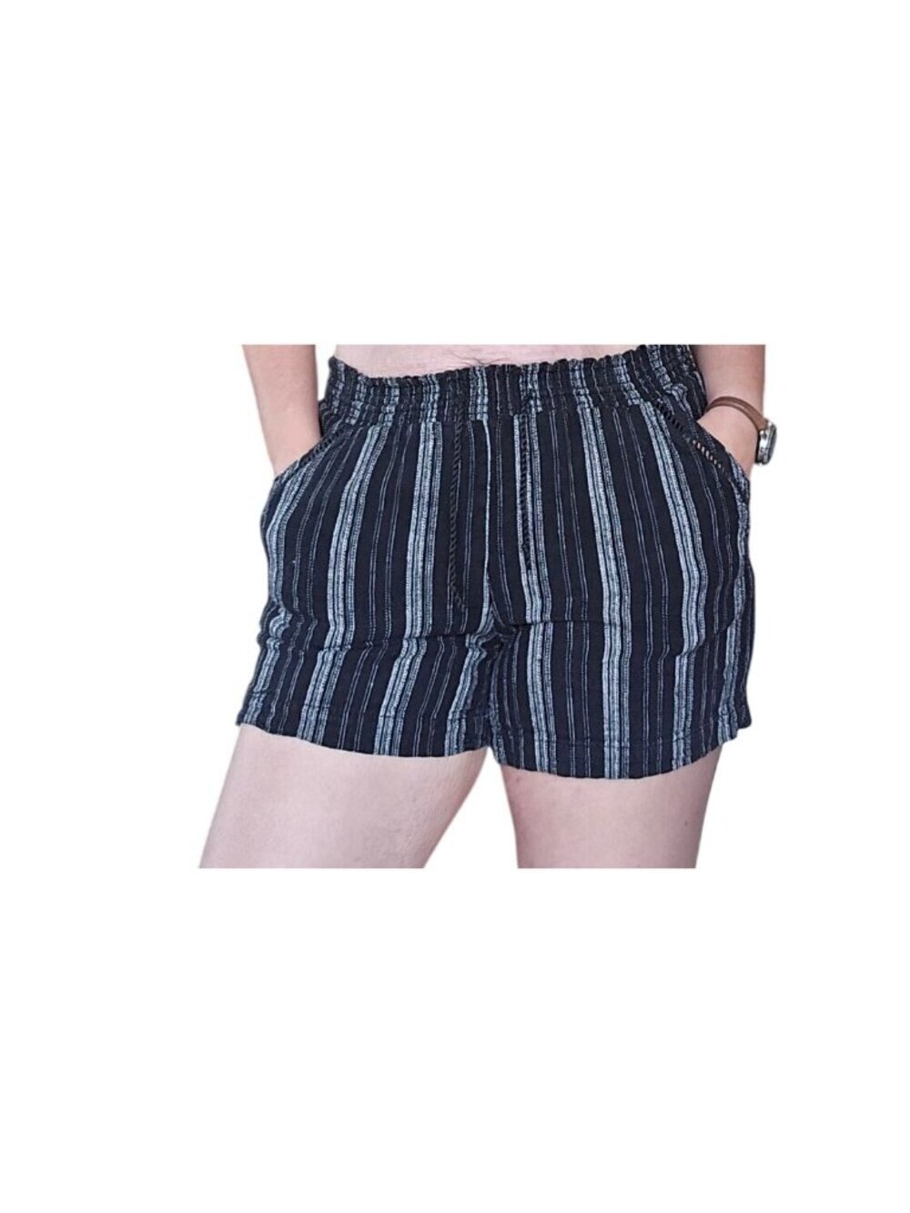 Briggs Black White Striped Elastic Linen Blend Summer Shorts Women Size L Coasta